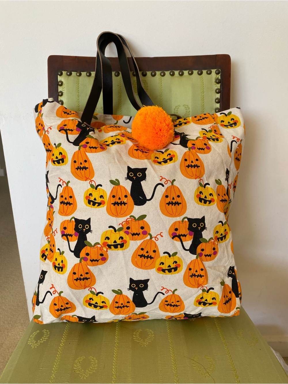 Eccolo Halloween Canvas Tote Bag Black Cat Jack O Lantern Pumpkin Pom Pom Kawaii